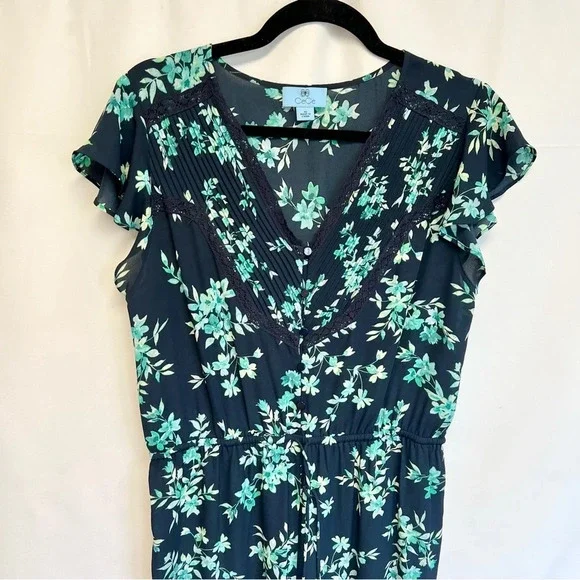 CeCe Breeze Boutique Navy Blue Floral Flutter Jumpsuit Romper Women’s Size 10 - Picture 4 of 15